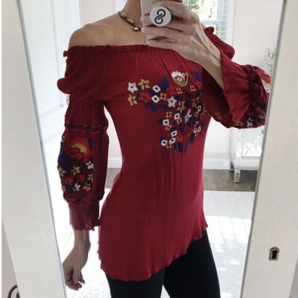 R Vivimos Floral Embroidered Off the Shoulder Boho  Dress Maroon Small Festival - Picture 7 of 7